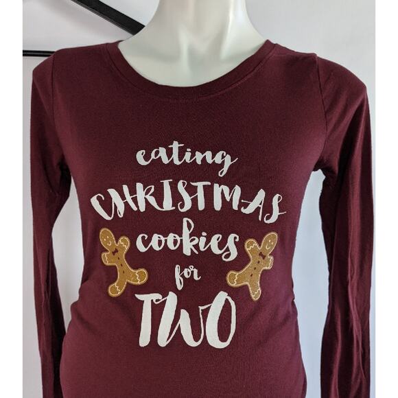 Motherhood Maternity Eating Christmas Cookies for 2 Graphic long sleeve tee XS - Picture 2 of 5